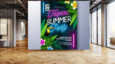 Summer Party Flyer Design Template with Glowing Neon Light and Exotic Flower on Tropic Leaves Background. Vector Summer Celebration Holiday Illustration for Banner, Invitation or Celebration Poster. Wall mural