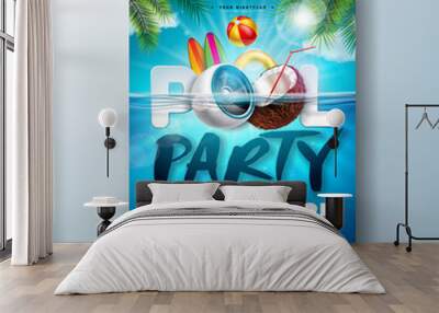 Summer pool party poster design template with palm leaves, water, beach ball and float on blue underwater ocean background. Vector holiday illustration for banner, flyer, invitation, poster. Wall mural