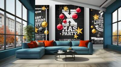 Vector Merry Christmas Party Flyer Illustration with Gold Cutout Paper Star, Glass Ball and Typography Element on Black Vintage Wood Background. Invitation Poster Template Set of Three Variation. Wall mural