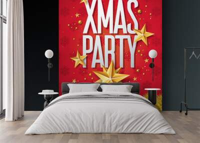 Vector Merry Christmas Party Flyer Illustration with Holiday Typography Elements and Gold Ornamental Ball, Cutout Paper Star on Red Background. Celebration Poster Design. EPS10. Wall mural