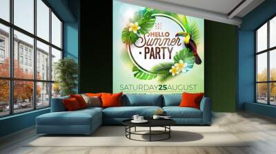 Vector Summer Beach Party Flyer Design with flower toucan on exotic leaf background. Summer nature floral elements, tropical plants, and air balloon with blue sky. Design template for banner, flyer Wall mural