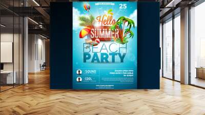 Vector Summer Beach Party Flyer Design with typographic elements on wood texture background. Summer nature floral elements, tropical plants, flower, beach ball and sunshade with blue cloudy sky Wall mural