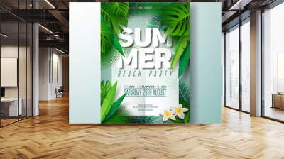 Vector Summer Beach Party Flyer Illustration with typographic design on nature background with palm leaves. Wall mural