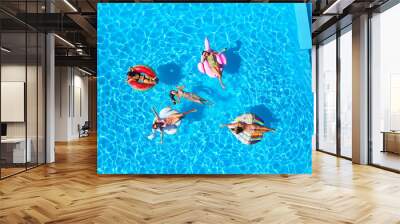 Aerial of hot pretty girls in bikini swimming in pool on floaties. Top view from above. Attractive fitted women in swimsuits relax sunbathing on inflatable flamingo, mattresses. Sunny day summer party Wall mural