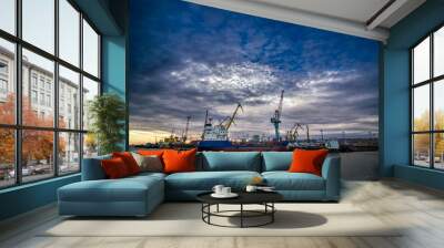 Cargo cranes transship bulk in the dock of Industrial Port on sunset with epic skyline Wall mural