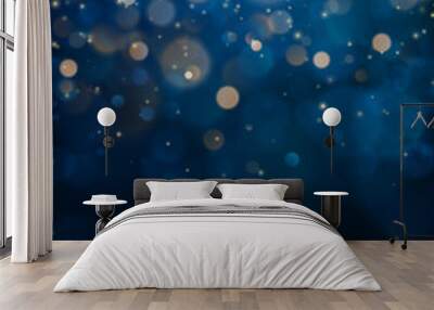 Blurred bokeh light on dark blue background. Christmas and New Year holidays template. Abstract glitter defocused blinking stars and sparks. EPS 10 Wall mural