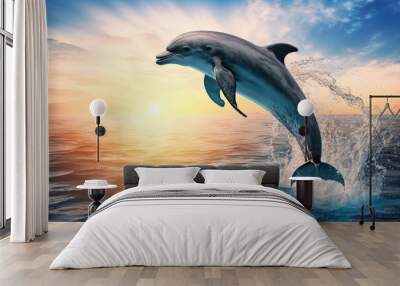 dolphin jumping out of ocean water with splash made by generative ai Wall mural