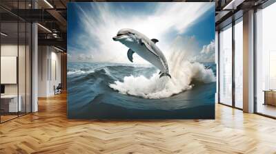 dolphin jumping out of ocean water with splash made by generative ai Wall mural