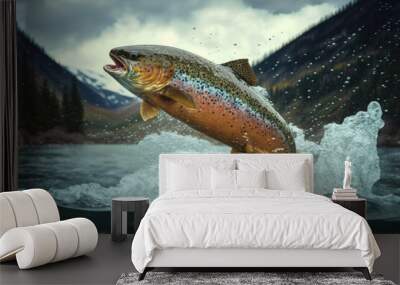 rainbow trout fish jumping out of river water made by generative ai Wall mural