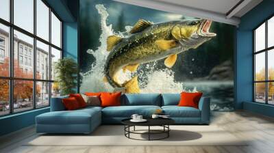 walleye fish jumping out of river water made by generative ai Wall mural