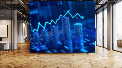 Digital coin stacks with upward trend arrows displayed alongside a stock market graph, representing financial growth, cryptocurrency investment, and market analysis in a futuristic setting. Wall mural