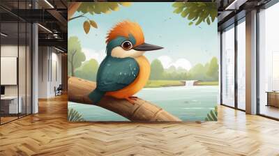 cartoon illustration of cute little kingfisher sitting on the branch in nature Wall mural