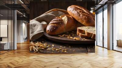 cinematic delicious bread and wheat on table Wall mural