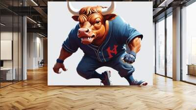 clipart mascot bull playing baseball, vector isolated Wall mural