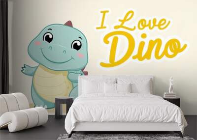 Cute green baby dinosaur cartoon character with big eyes and toothy grin Wall mural