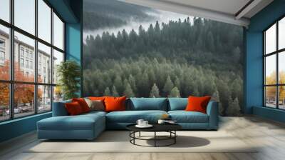 Enchanted pine forest shrouded in mist, mountains emerging from ethereal fog Wall mural