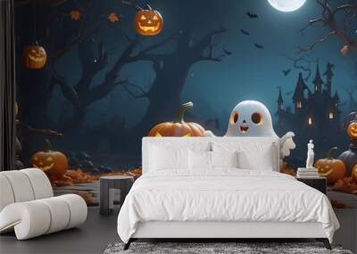 halloween background with pumpkin and white ghost decoration Wall mural