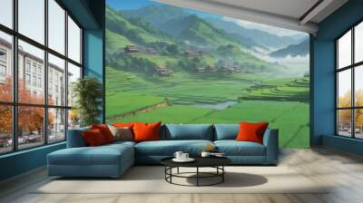 landscape beauty hill and terrace rice fields with cloudy blue sky illustration Wall mural