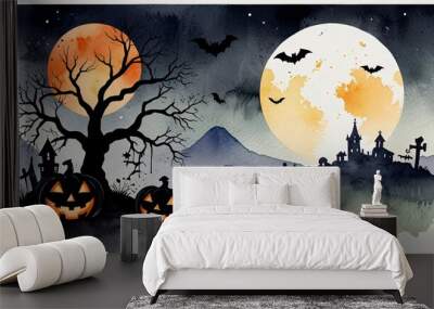 watercolor painting of creepy castle on hallowen night Wall mural