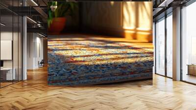 3D rendering of a close up shot of an indoor corner featuring soft shadows and ambiance showcasing a Persian praying carpet design illuminated by window light Wall mural