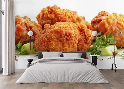 3D rendering of a set featuring delicious fried chicken with greens garnishes and vegetables isolated on a white background Wall mural