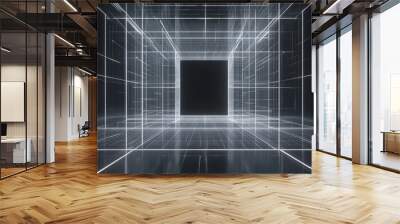 3D rendering of an empty futuristic digital wall box set against a grey black background featuring a white grid space line surface depicting network cyber technology elements Wall mural