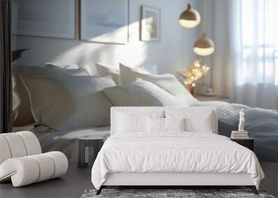 3D rendering of pillows arranged on a spacious king size bed illustrating the concept of bed preparation in a contemporary interior setting Wall mural