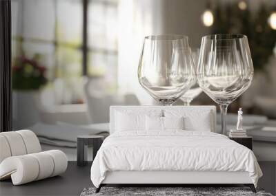 3D rendering of wineglasses positioned alongside each other on a white dining table Wall mural