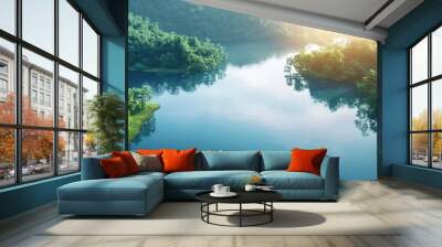 Aerial view of a serene lake with 3D rendering elements Wall mural