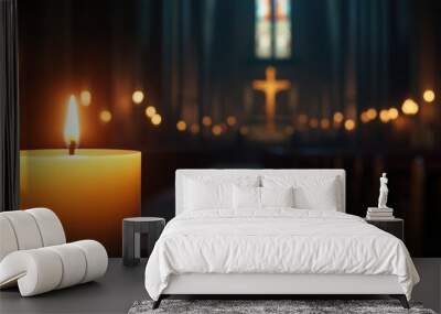 Close up of a candle in a dark church with 3D rendering evoking a sense of spirituality Wall mural