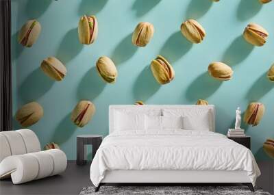 Pistachios arranged on a blue surface Wall mural