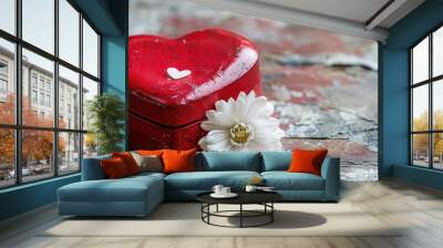 Red heart box and white flower with overlapping background Wall mural