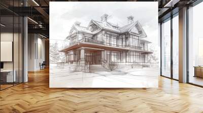 Traditional house sketch architectural concept with 3D rendering illustration Wall mural