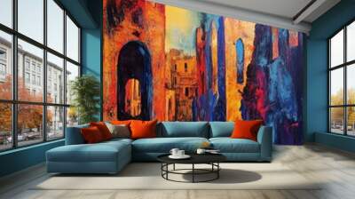 Art of a ruined blue city with predominant red, orange, yellow, and blue shades, capturing a vibrant, dramatic scene Wall mural