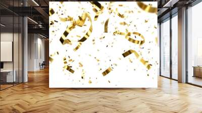 Golden confetti falling and floating against pure white background, featuring shiny metallic ribbons and particles, dynamic, festive, and celebratory Wall mural