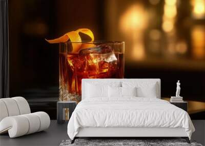 Professional Negroni cocktail photoshoot in clear lowball glass with ice and orange twist, elegant amber-red hue, luxurious ambiance Wall mural