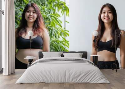 Split Image Comparison of Young Beautiful asian Women Before and After Weight Loss Showing Fuller Figure at fat Versus Slimmer Wall mural