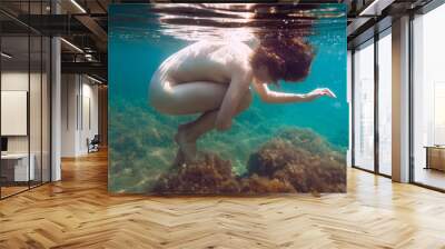 Beautiful woman is underwater swimming in blue sea Wall mural