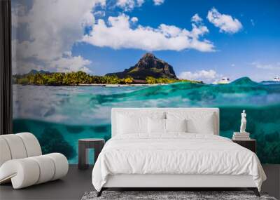 Blue ocean underwater and Le Morne mountain in Mauritius. Wall mural