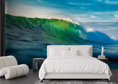 Perfect barrel wave in ocean. Breaking green wave with light Wall mural