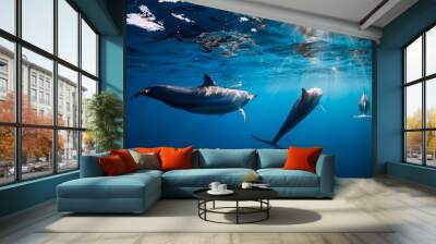 Pod of Spinner dolphins underwater in blue sea with sun light Wall mural