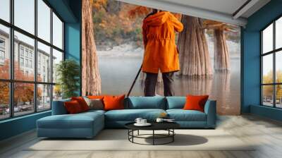 Traveller on paddle board at river with Taxodium trees. Woman on SUP board Wall mural