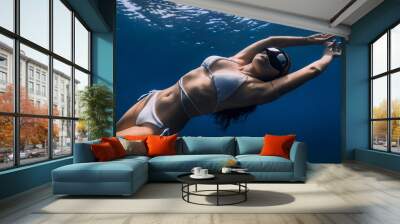 Underwater portrait of attractive freediver woman in blue ocean. Wall mural