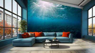 Underwater view with tuna school fish in ocean Wall mural