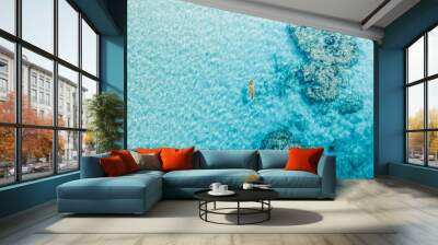 Woman swim in blue ocean on her vacations. Aerial view, top view Wall mural