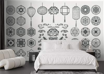 Set of hand drawn oriental elements. Asian lanterns and traditional patterns. Wall mural