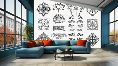 Set of hand drawn oriental elements. Black mandalas and lotus. Asian traditional design.  Wall mural