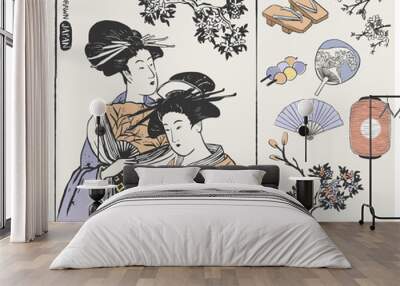 Set of Japanese design elements. Geisha Woman Illustration. Hand drawn vector illustration. Wall mural