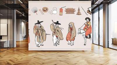 Set of Korean traditional objects. People wearing Korean traditional clothes(Hanbok). Vector illustration.  Wall mural