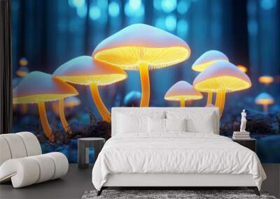 Bright orange mushrooms glow vividly in a dark forest, casting a warm light that contrasts against the shadowy surroundings. Wall mural